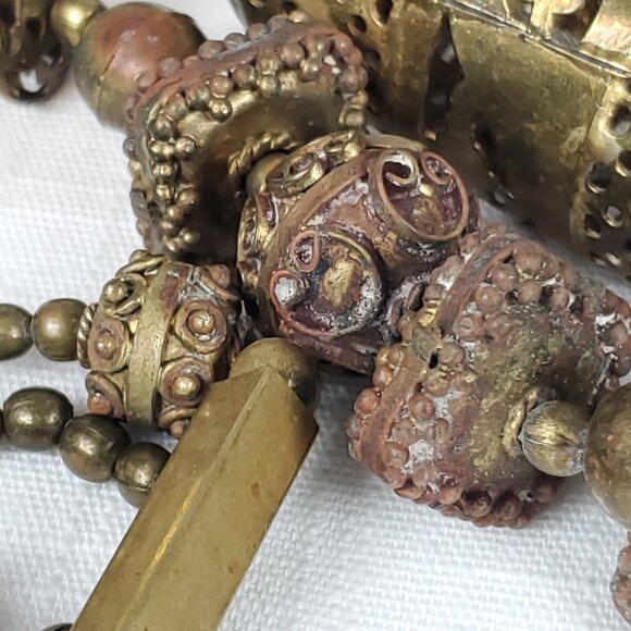 Vintage Unique Brass Metal Large Ornate Beading Necklace - Picture 10 of 14